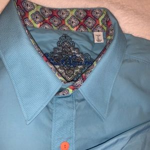 Robert Graham Aqua Button Down Shirt with Multicolor Collar